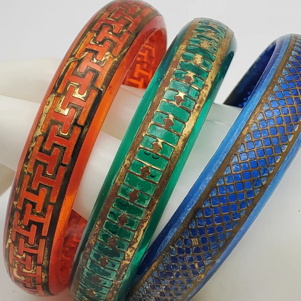 Vintage Acrylic Bangle Bracelet Set Blue Green Orange Gold Tone Geometric Boho